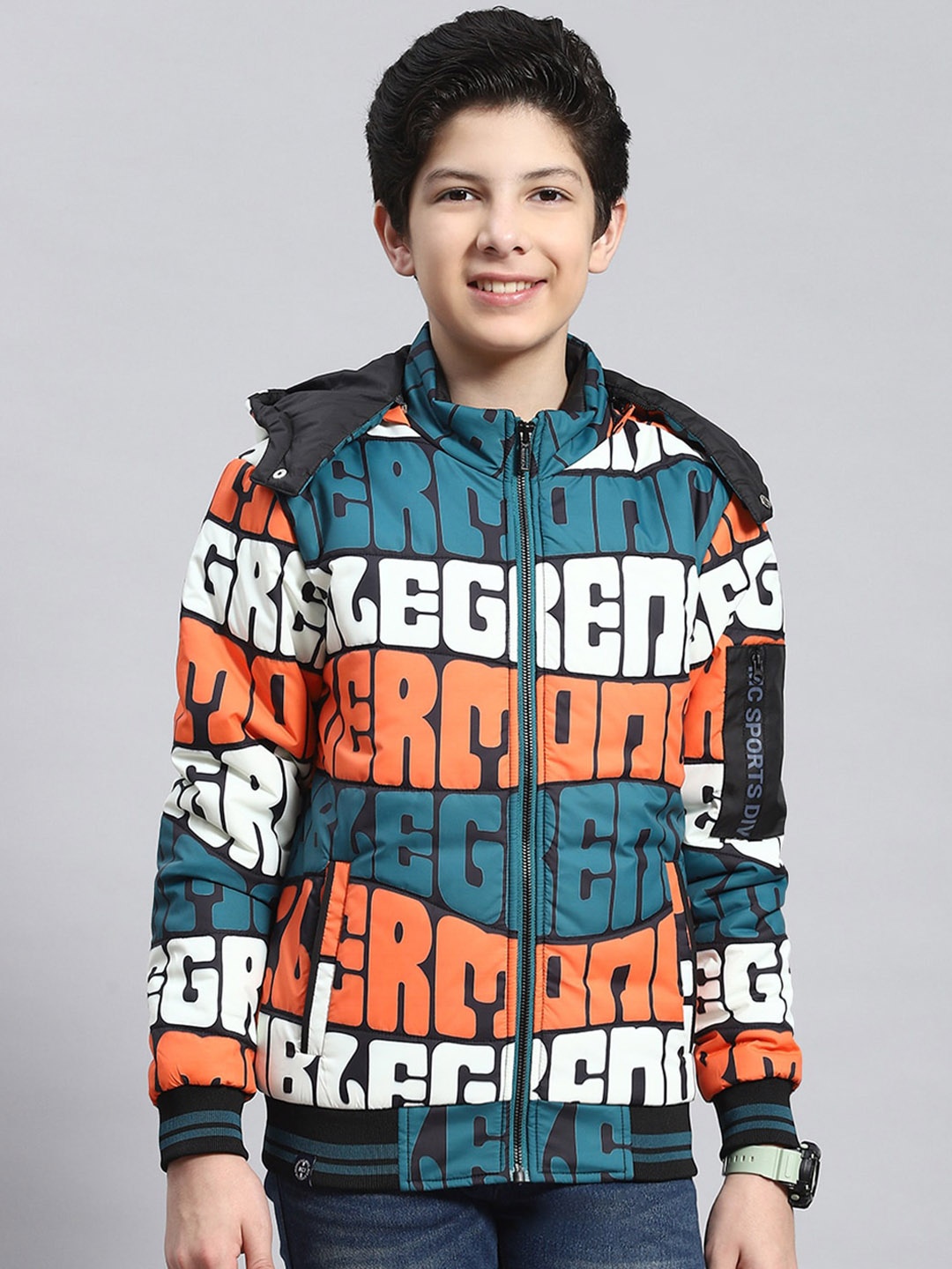 

Monte Carlo Boys Typography Printed Hooded Lightweight Bomber Jacket, Teal