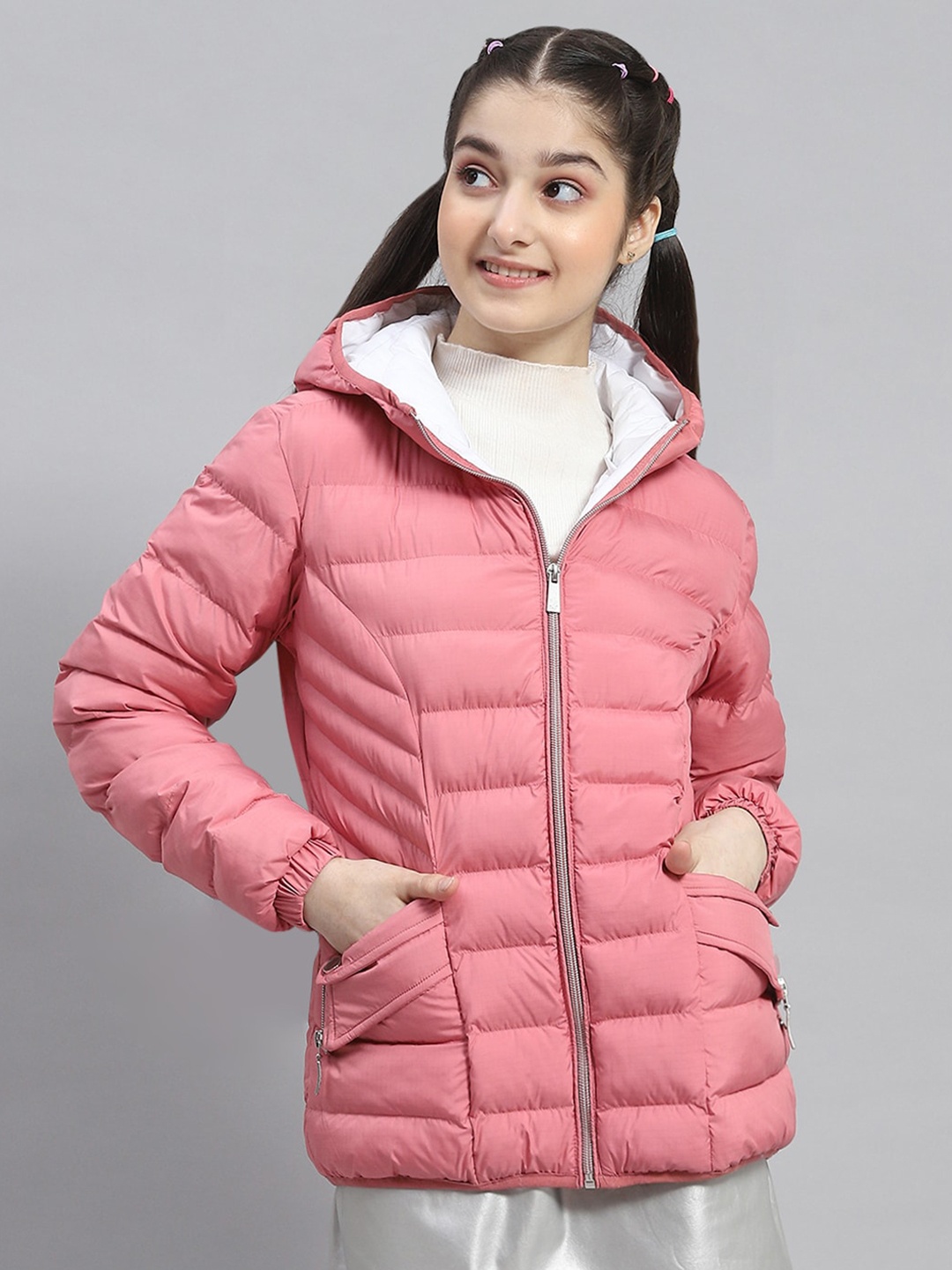 

Monte Carlo Girls Lightweight Hooded Longline Puffer Jacket, Pink