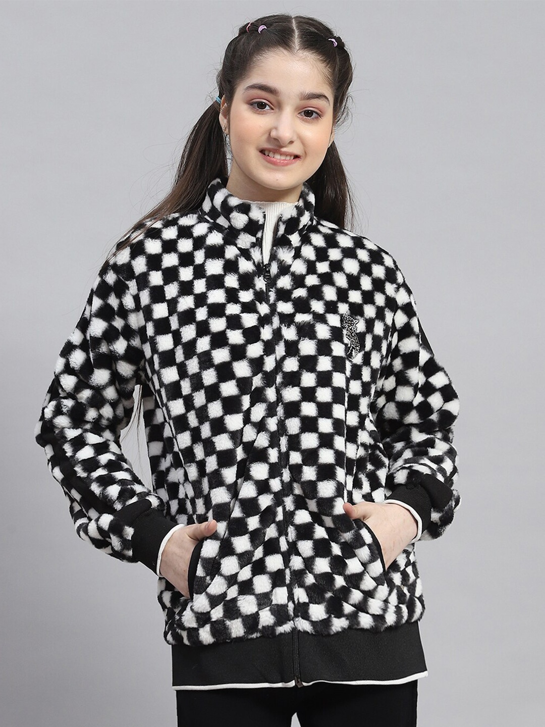 

Monte Carlo Girls Checked Mock Collar Front-Open Sweatshirt, Black