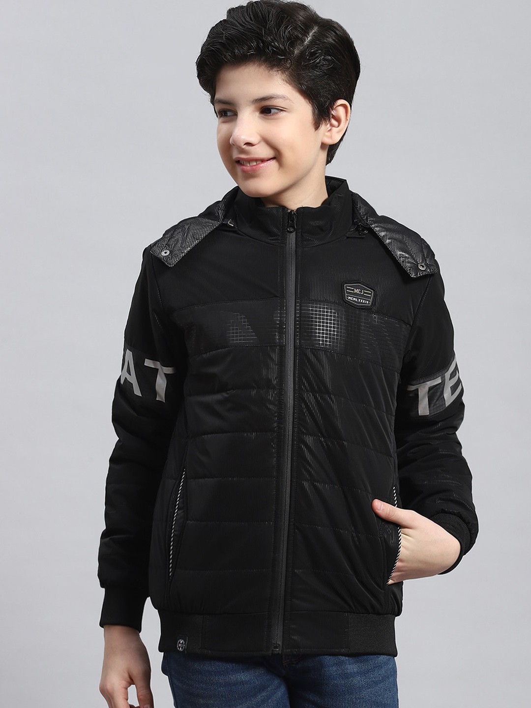 

Monte Carlo Boys Typography Printed Hooded Lightweight Padded Jacket, Black