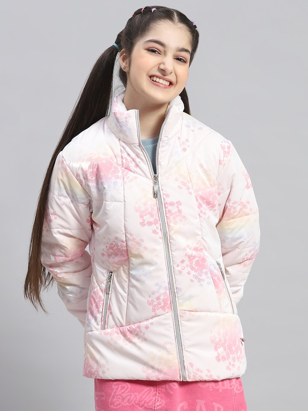 

Monte Carlo Girls Floral Printed Mock Collar Lightweight Padded Jacket, Pink