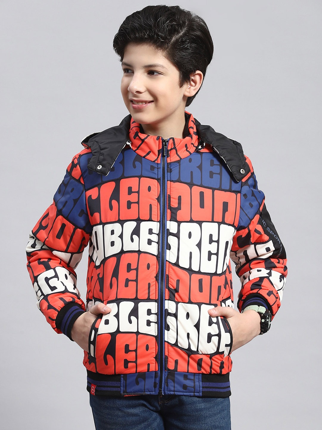 

Monte Carlo Boys Typography Printed Hooded Lightweight Bomber Jacket, Rust