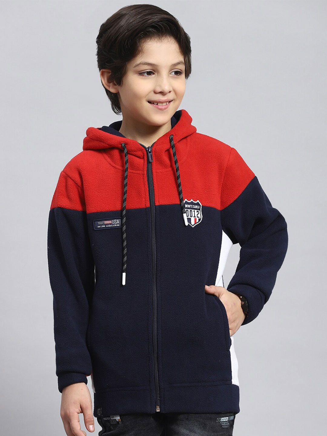 

Monte Carlo Boys Colourblocked Hooded Front-Open Sweatshirt, Red