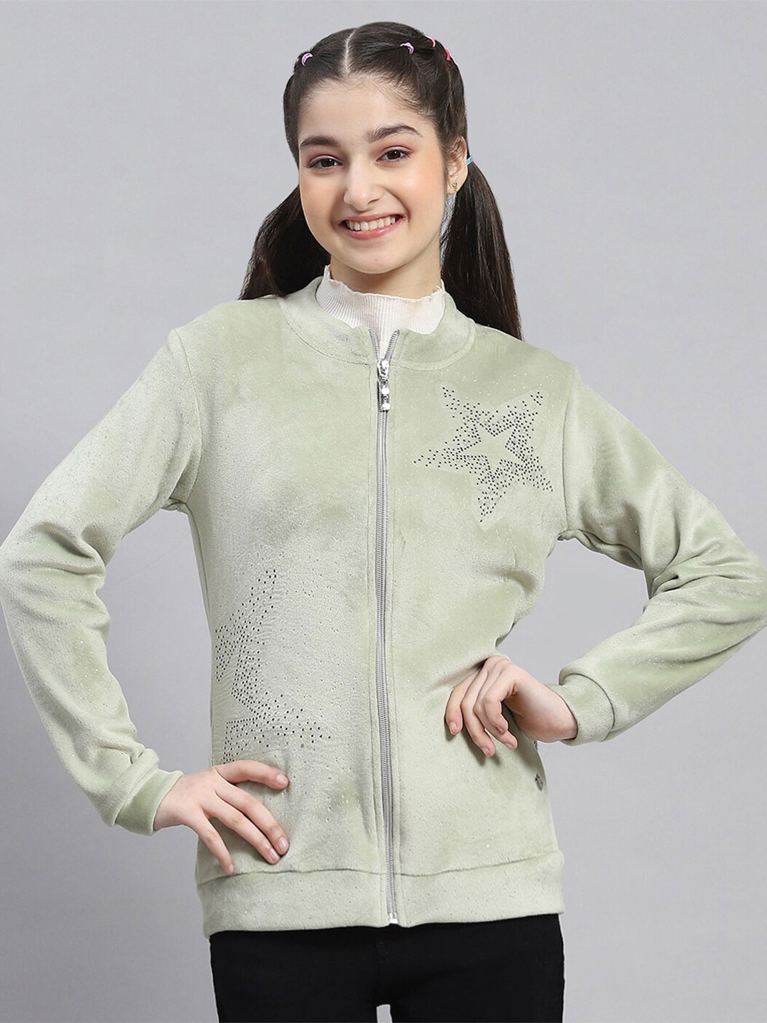 

Monte Carlo Girls Embellished Mock Collar Front Open Sweatshirt, Green