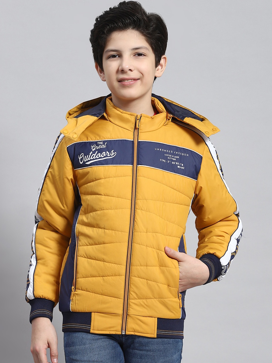 

Monte Carlo Boys Colourblocked Hood Lightweight Puffer Jacket, Mustard