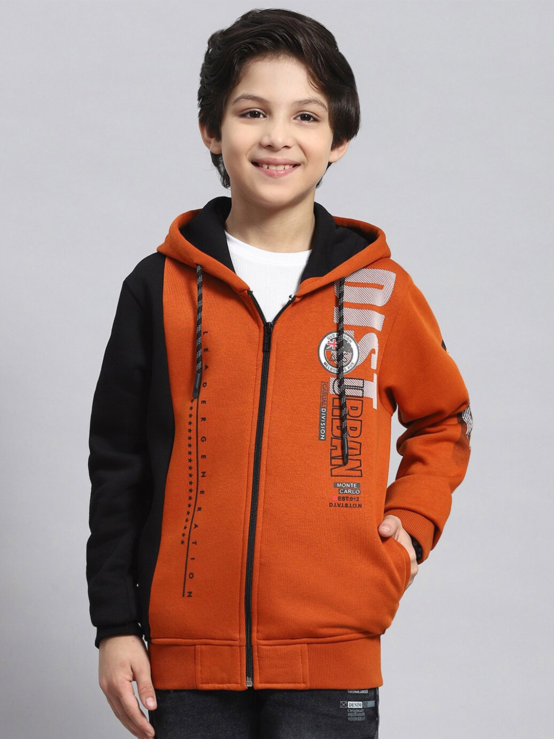 

Monte Carlo Boys Colourblocked Hooded Neck Long Sleeve Front-Open Sweatshirt, Red
