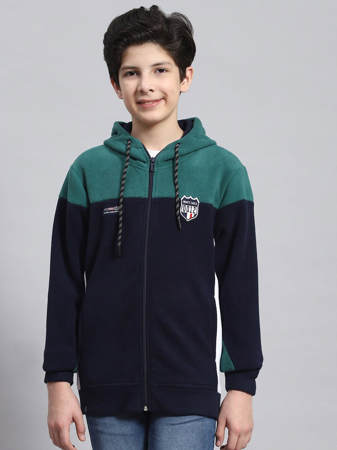 

Monte Carlo Boys Colourblocked Hooded Front-Open Sweatshirt, Teal