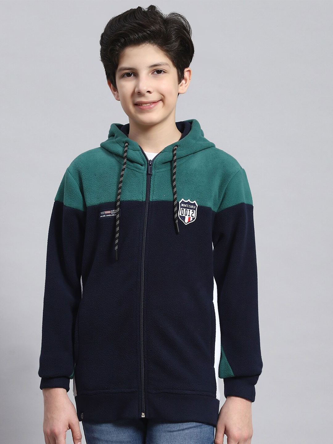 

Monte Carlo Boys Colourblocked Hooded Front-Open Sweatshirt, Teal