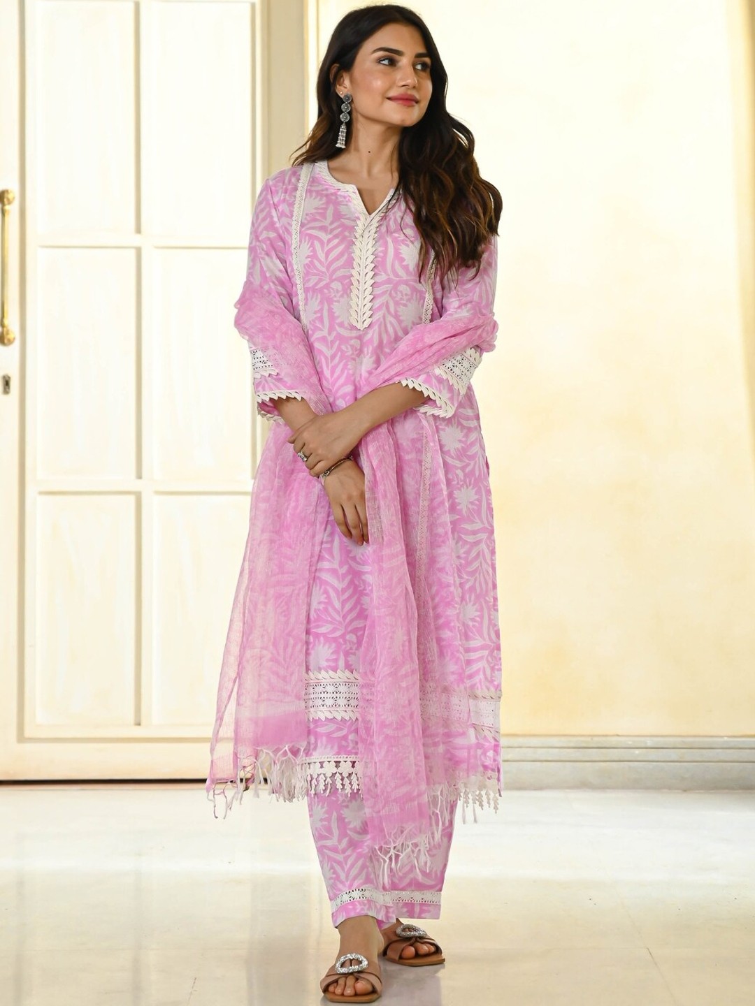 

KALINI Floral Printed Pure Cotton Straight Kurta & Trousers With Dupatta, Pink