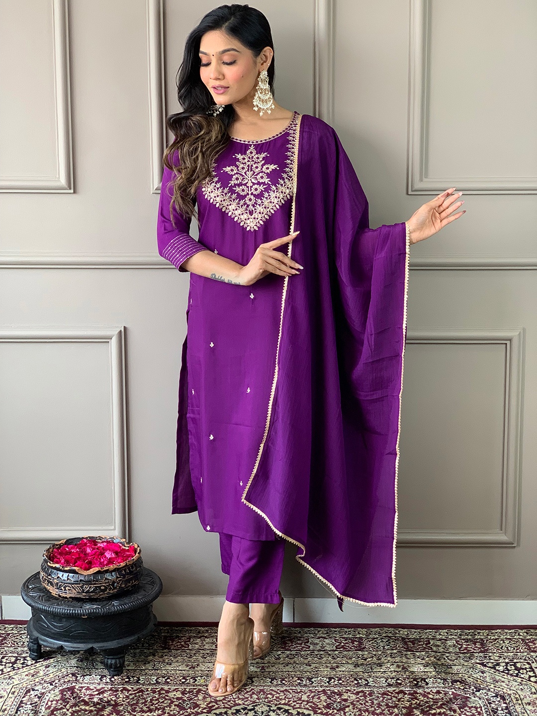 

KALINI Ethnic Motifs Embroidered Thread Work Detail Straight Kurta & Trousers With Dupatta, Purple