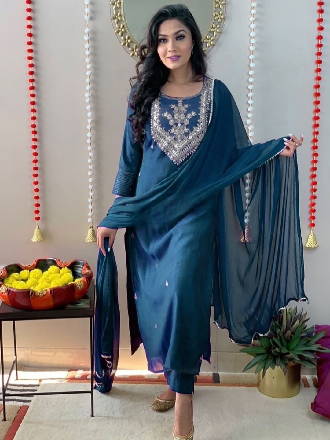 

KALINI Ethnic Motifs Embroidered Thread Work Detail Straight Kurta & Trousers With Dupatta, Blue