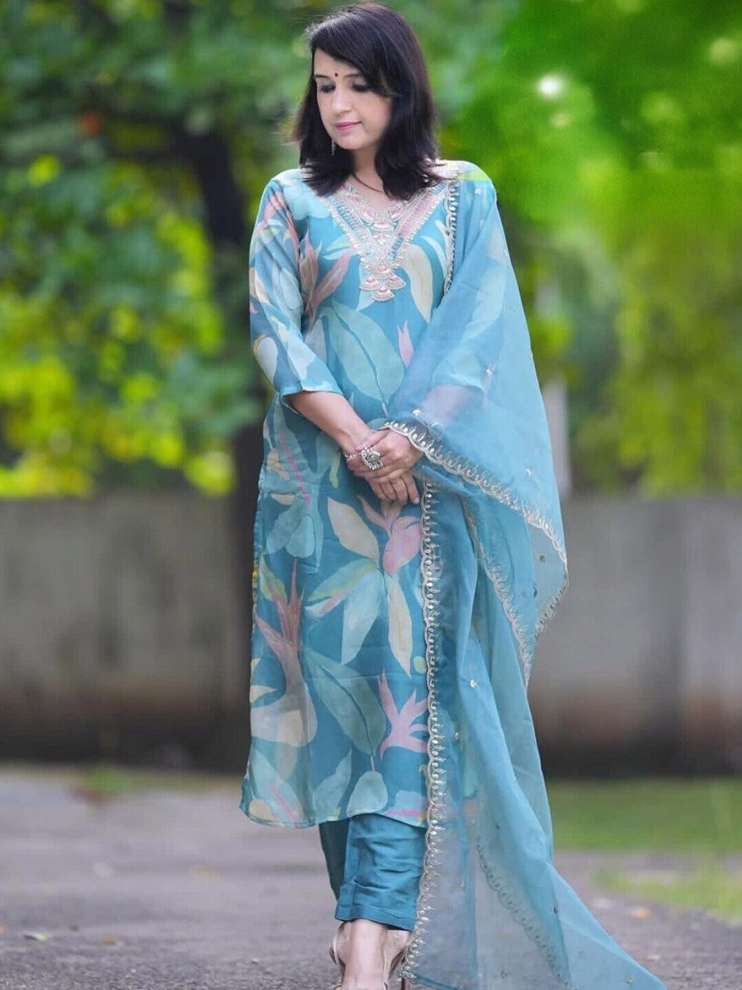 

KALINI Floral Printed Thread Work Detail Straight Kurta & Trousers With Dupatta, Turquoise blue