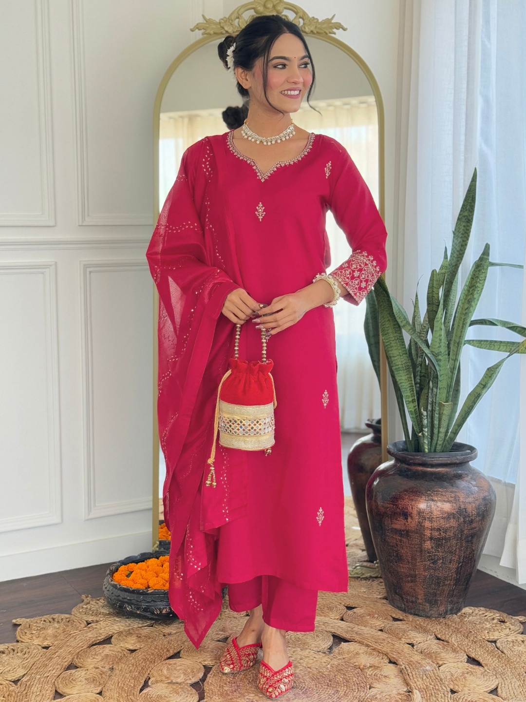 

KALINI Ethnic Motifs Embroidered Thread Work Detail Straight Kurta & Trousers With Dupatta, Pink