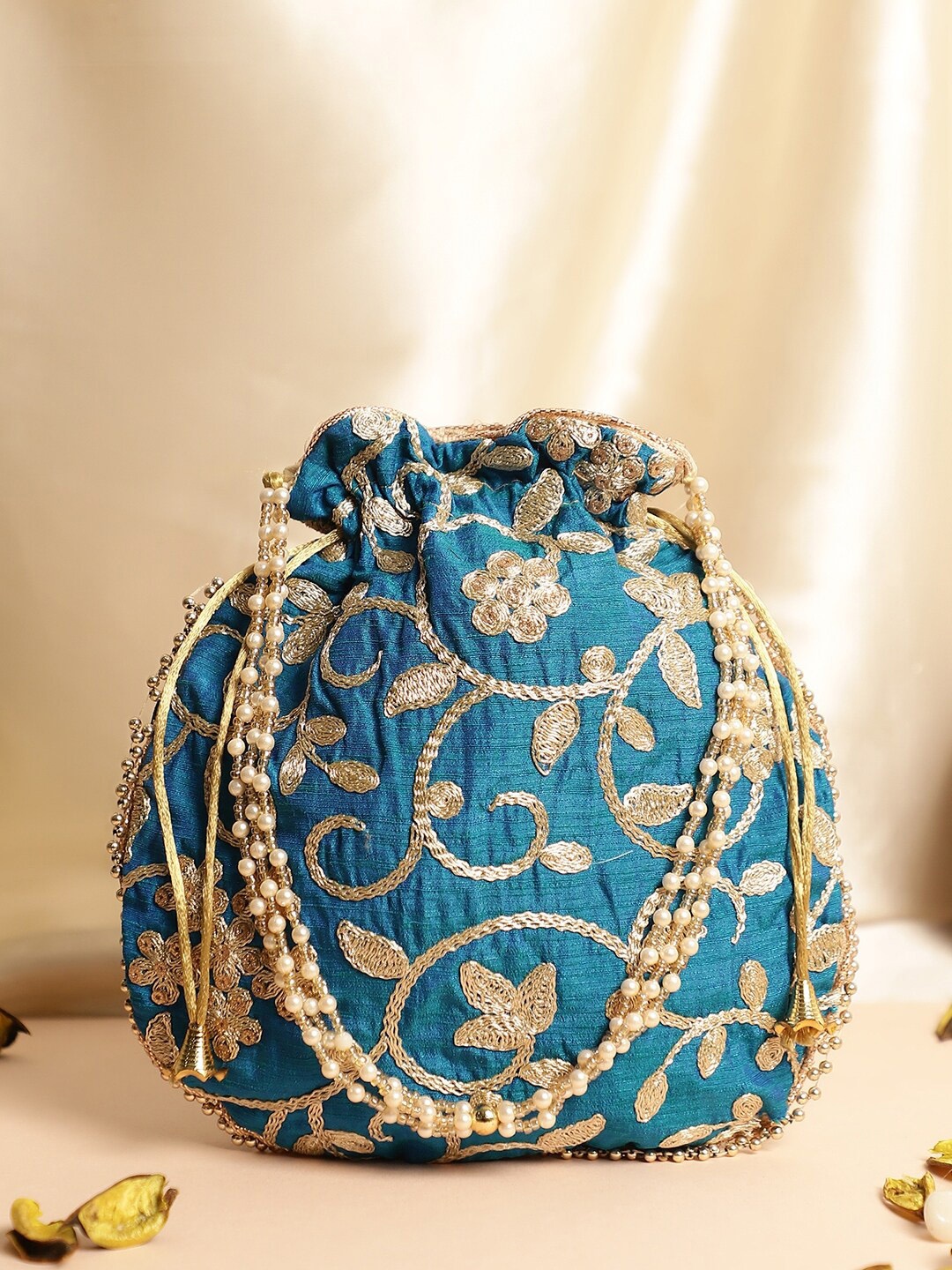 

Dhrohar Floral Woven Design Embellished Cotton Potli, Blue