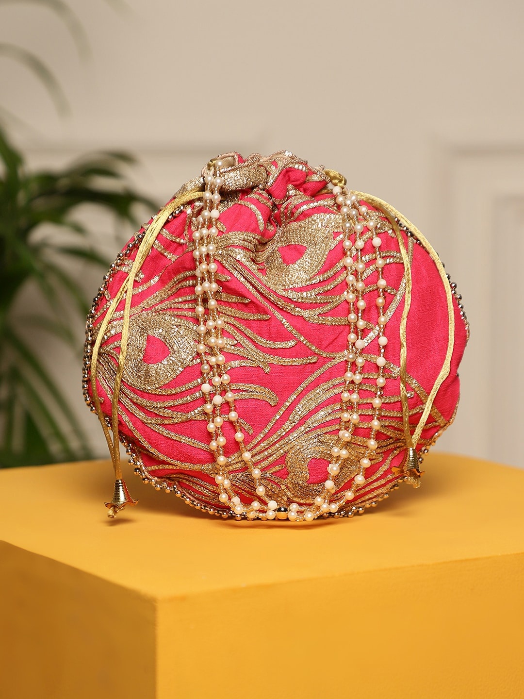 

Dhrohar Embellished Cotton Silk Potli Clutch, Pink