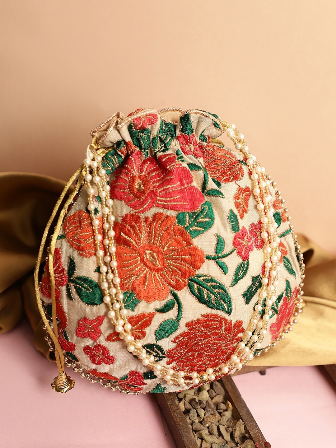 

Dhrohar Floral Woven Design Embellished Cotton Potli, Beige