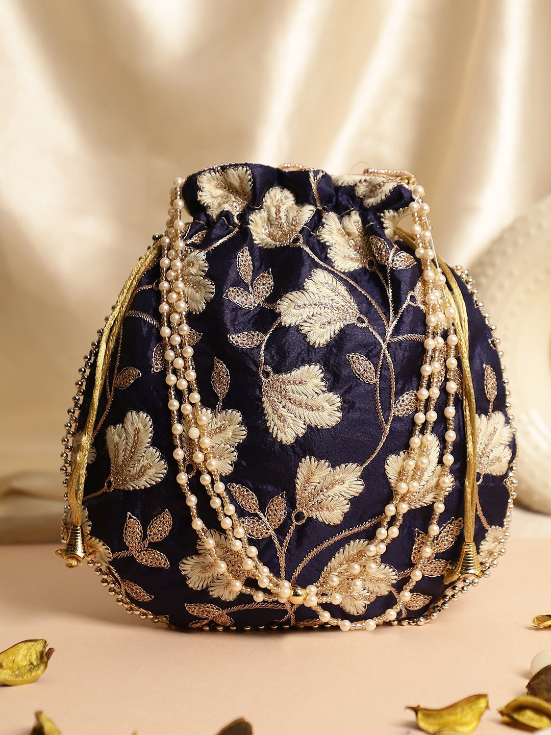 

Dhrohar Floral Embroidered Cotton Potli, Navy blue