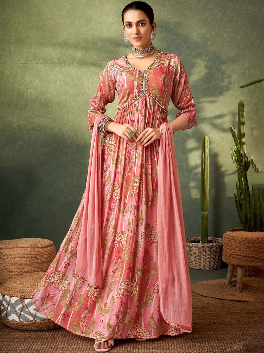

KALINI Floral Printed V-Neck Bell Sleeves Embroidered Maxi Ethnic Dress With Dupatta, Peach