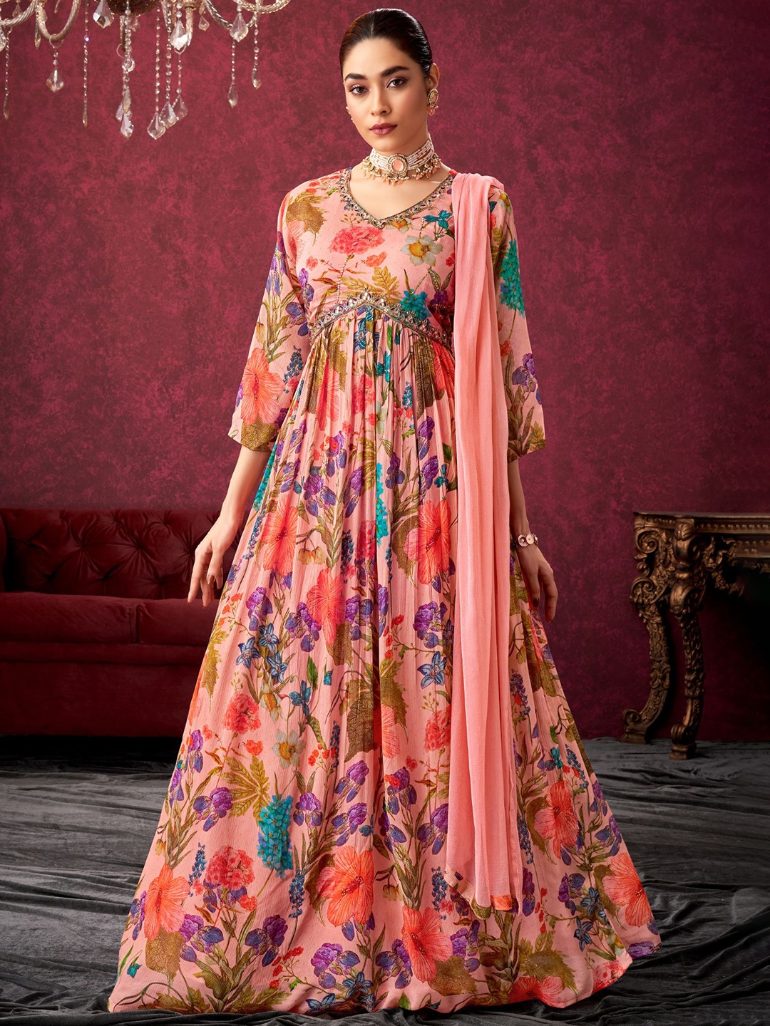 

KALINI Printed Maxi Ethnic Dress With Dupatta, Peach