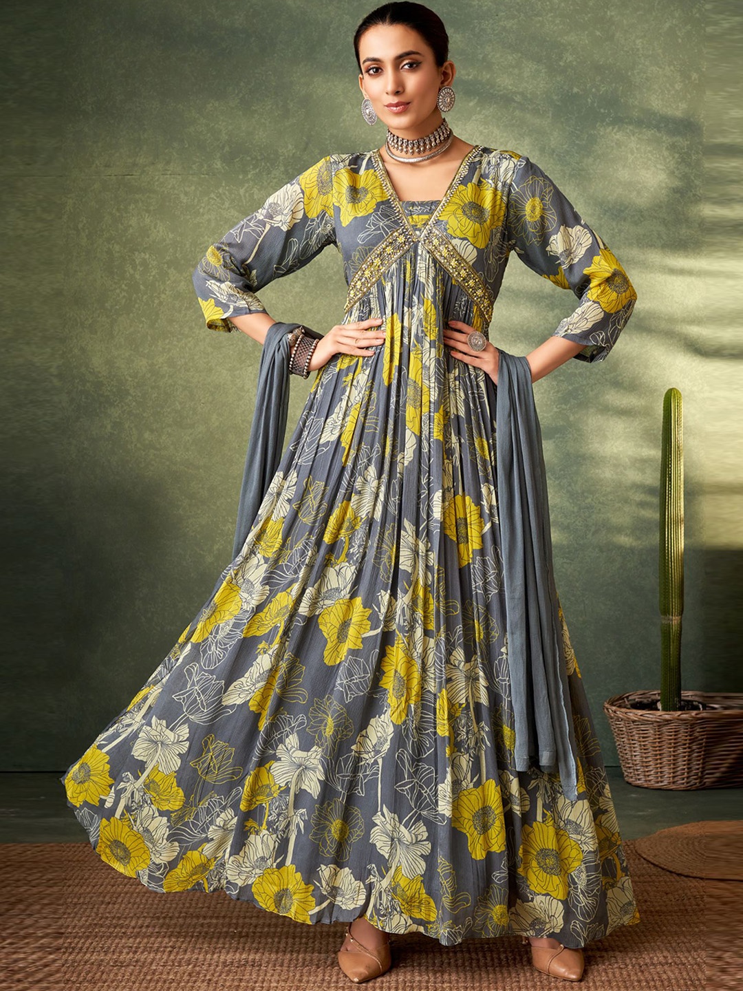 

KALINI Floral Printed V-Neck Georgette Maxi Ethnic Dress With Dupatta, Grey