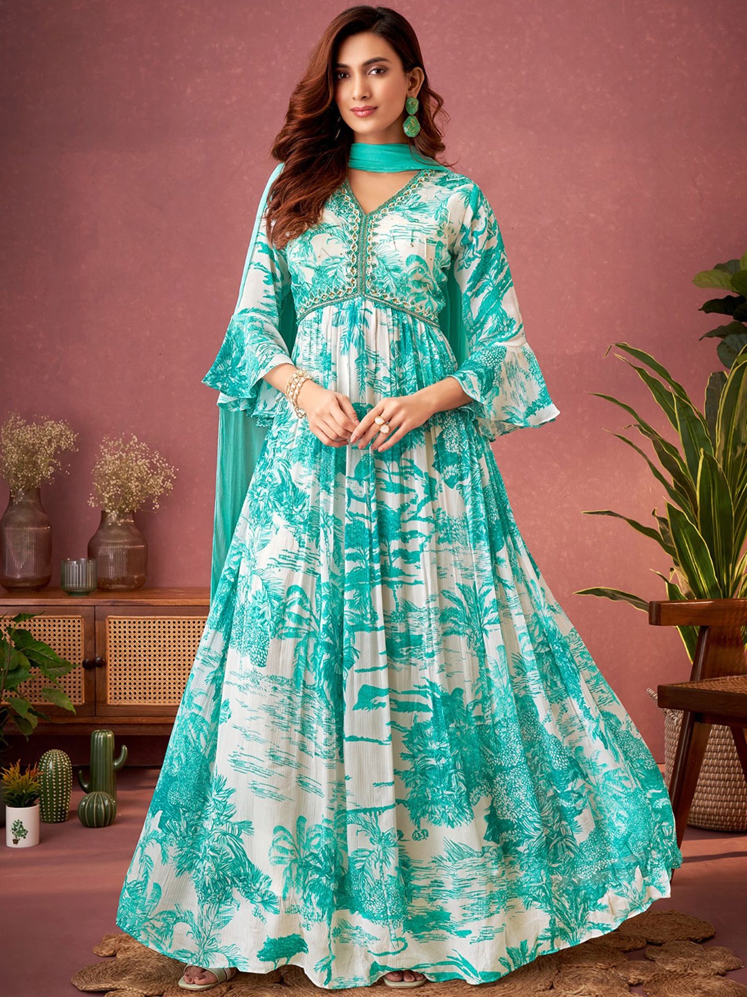 

KALINI Floral Printed V-Neck Bell Sleeves Embroidered Maxi Ethnic Dress With Dupatta, Turquoise blue