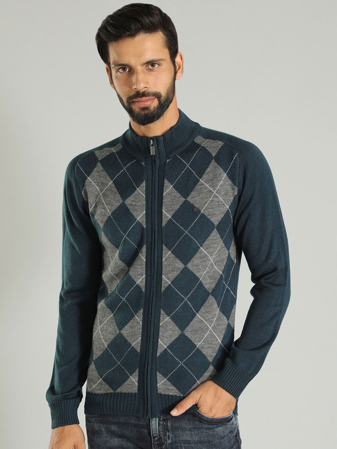 

Indian Terrain Checked Acrylic Cardigan, Teal