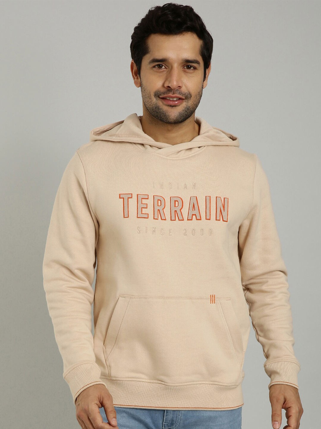 

Indian Terrain Typography Printed Hooded Pullover, Beige