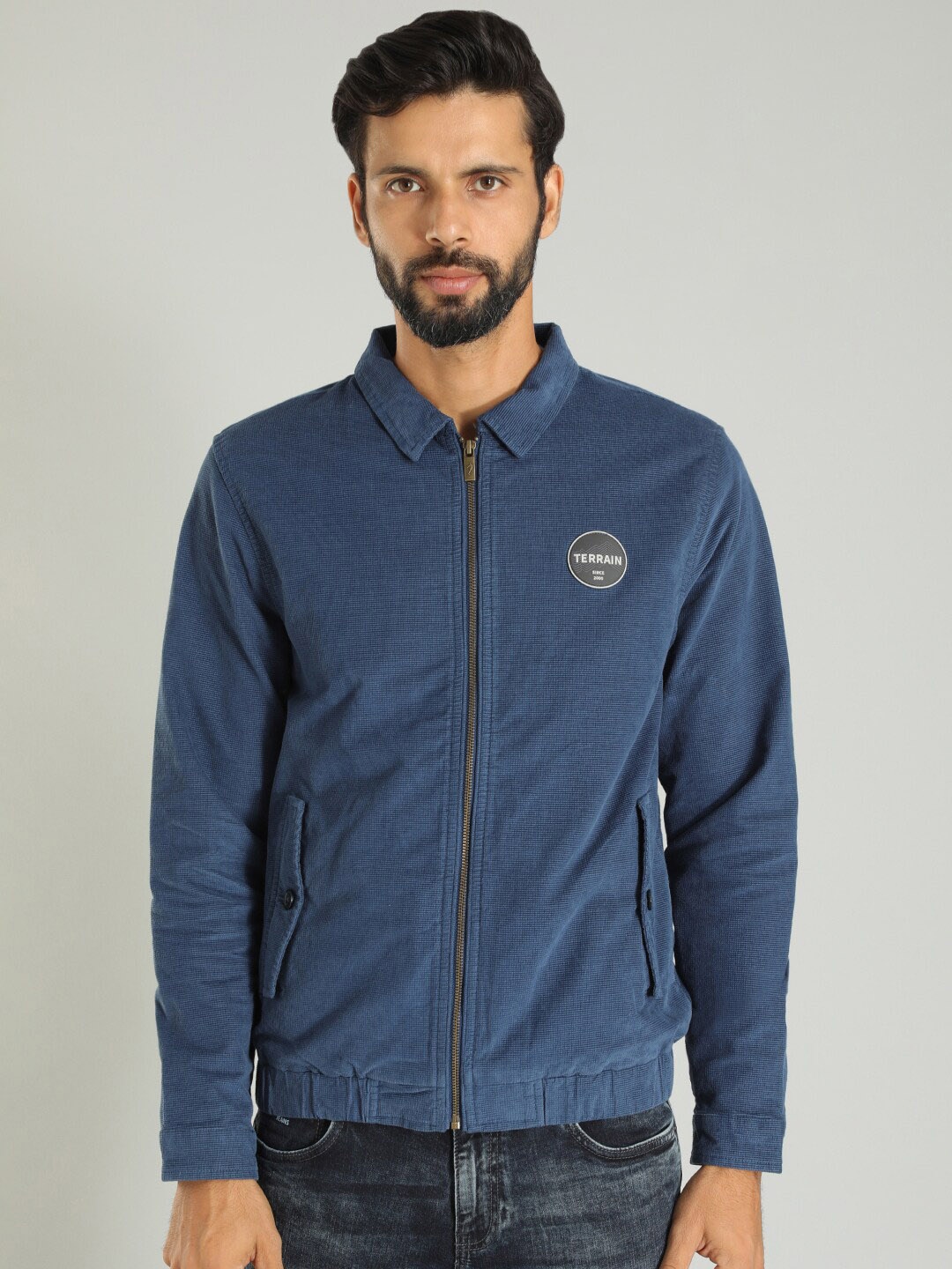 

Indian Terrain Spread Collar Lightweight Pure Cotton Denim Jacket, Navy blue