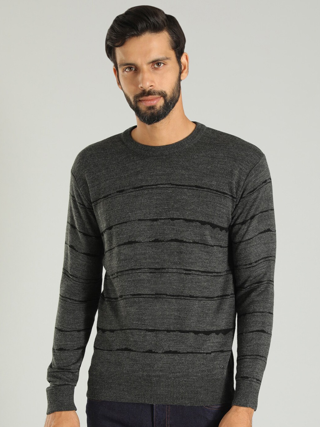 

Indian Terrain Striped Round Neck Acrylic Pullover, Grey