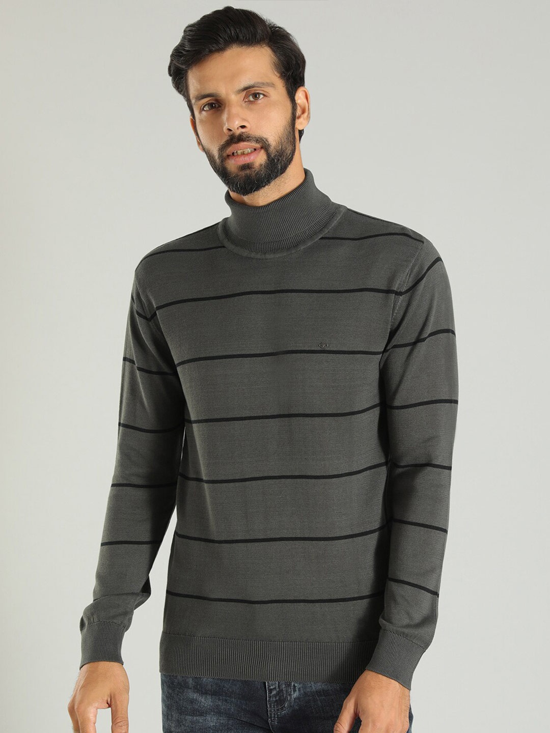 

Indian Terrain Striped Turtle Neck Pure Cotton Pullover Sweater, Grey