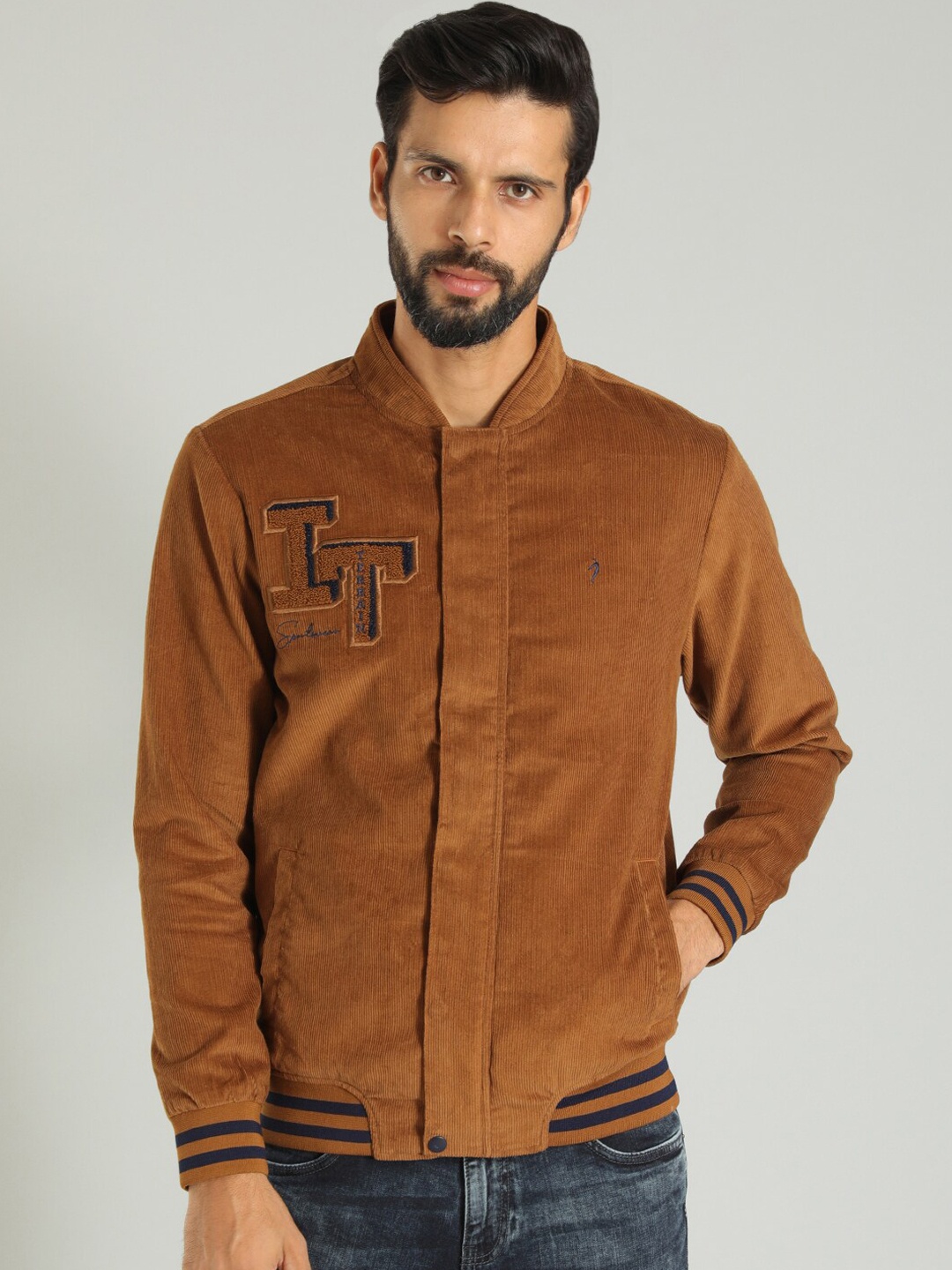

Indian Terrain Stand Collar Lightweight Pure Cotton Bomber Jacket, Brown