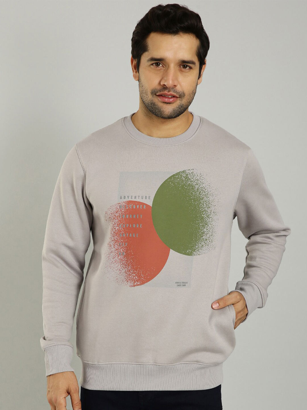 

Indian Terrain Typography Printed Round Neck Pullover, Grey