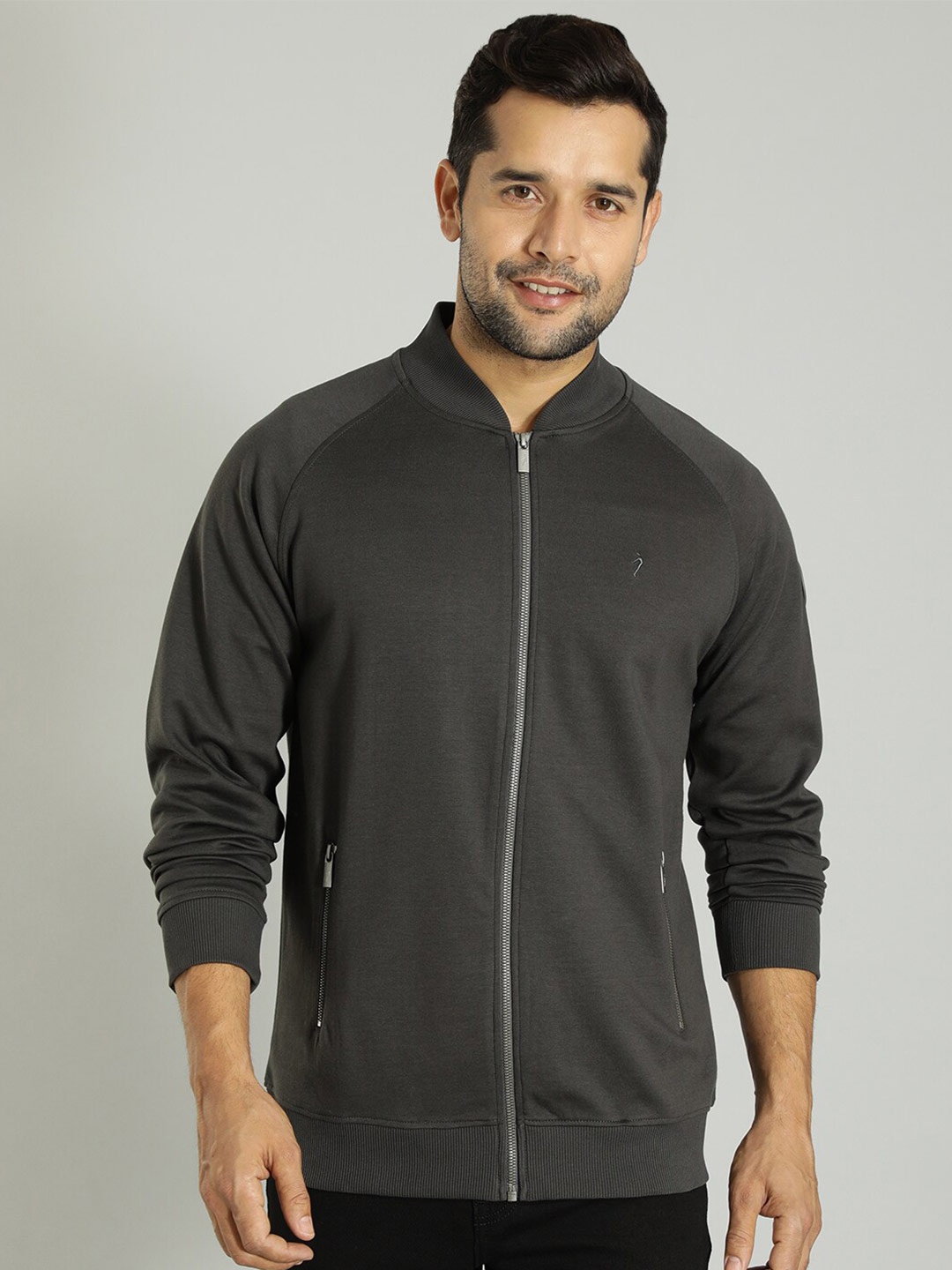 

Indian Terrain Mock Collar Raglan Sleeve Front-Open Sweatshirts, Charcoal