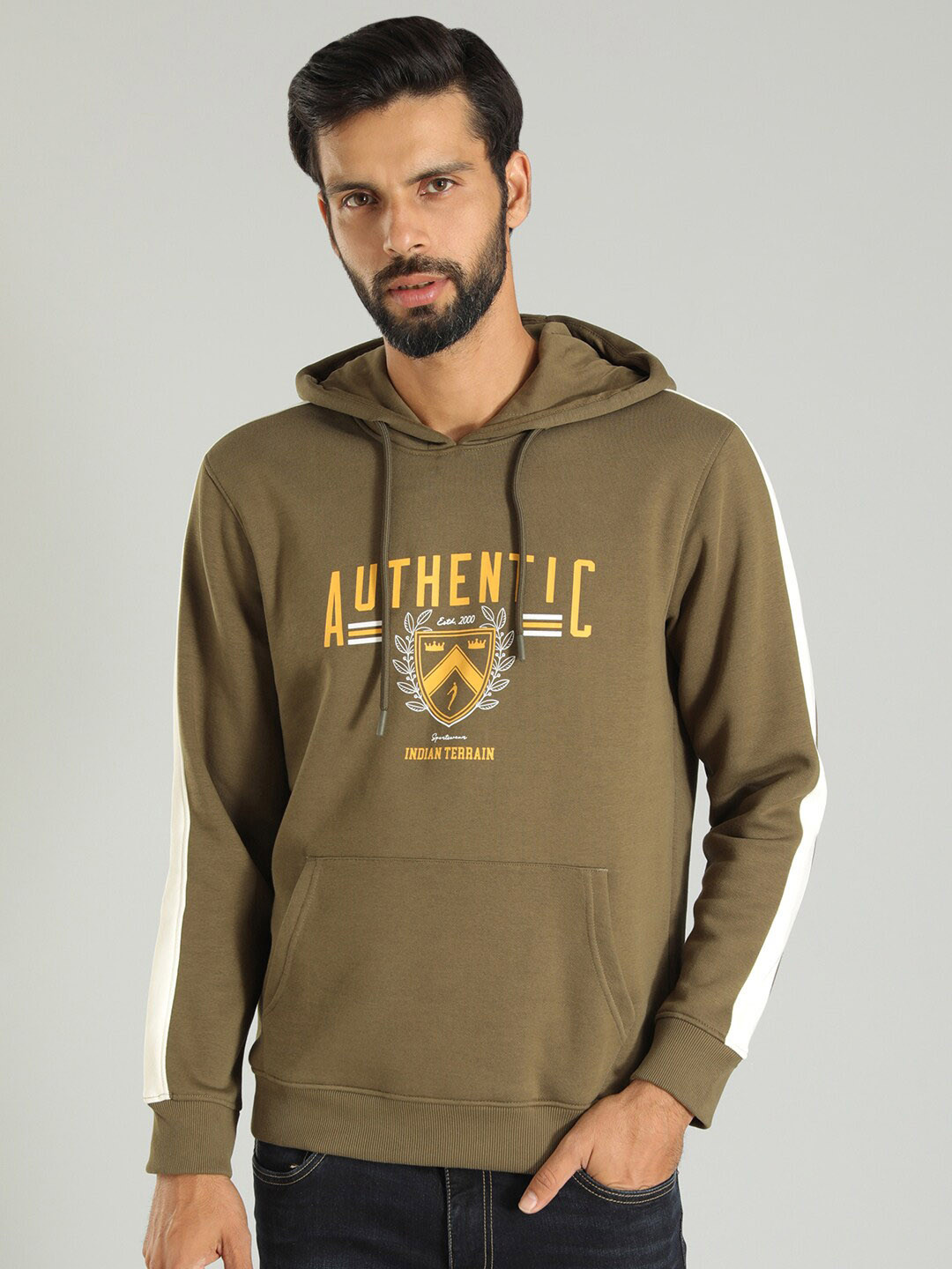 

Indian Terrain Typography Printed Hooded Pullover, Olive