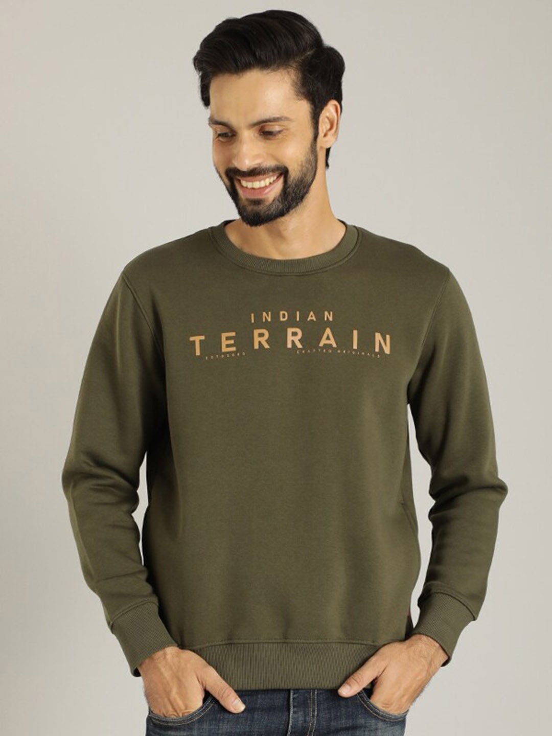 

Indian Terrain Typography Printed Round Neck Pullover, Green