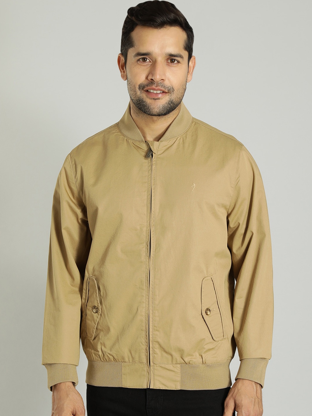 

Indian Terrain Stand Collar Long Sleeves Lightweight Pure Cotton Bomber Jacket, Khaki
