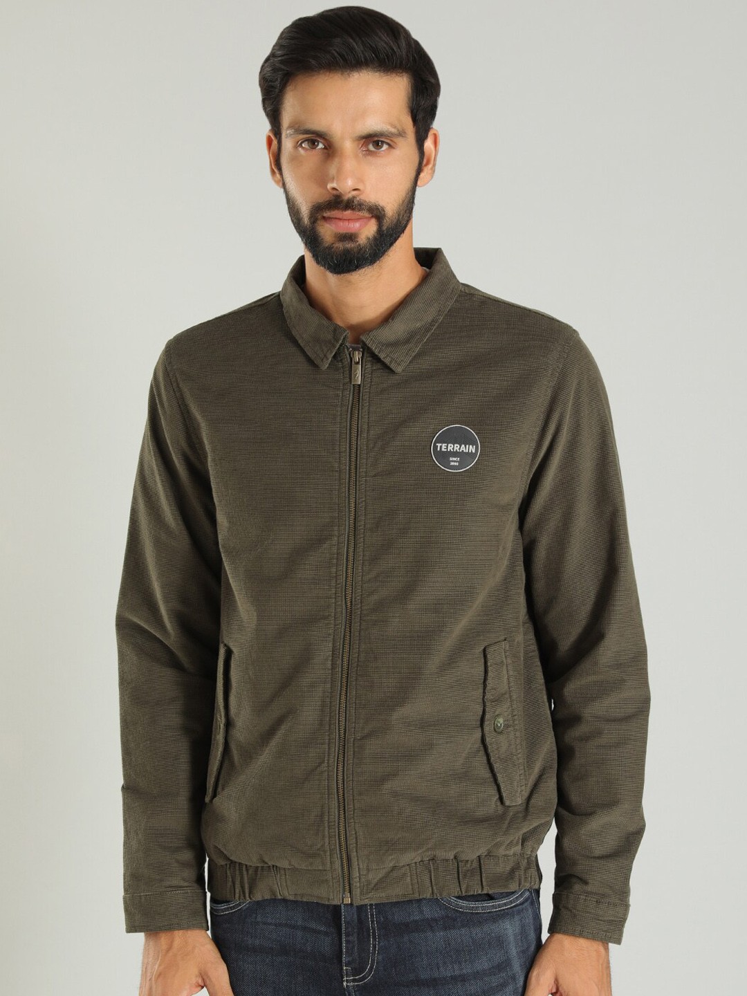 

Indian Terrain Spread Collar Lightweight Pure Cotton Bomber Jacket, Olive