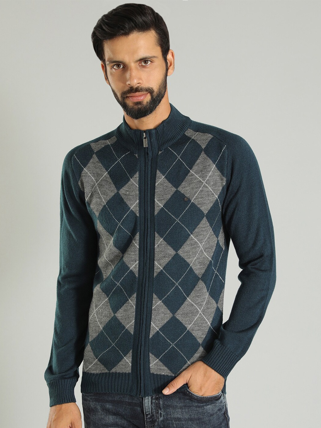 

Indian Terrain Checked Acrylic Cardigan Sweater, Navy blue