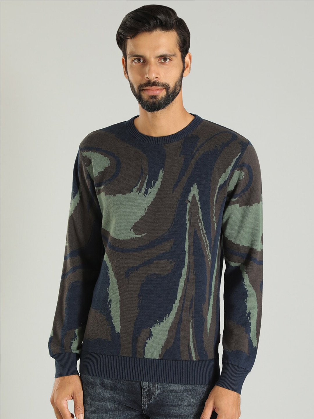 

Indian Terrain Abstract Printed Pure Cotton Sweater, Navy blue