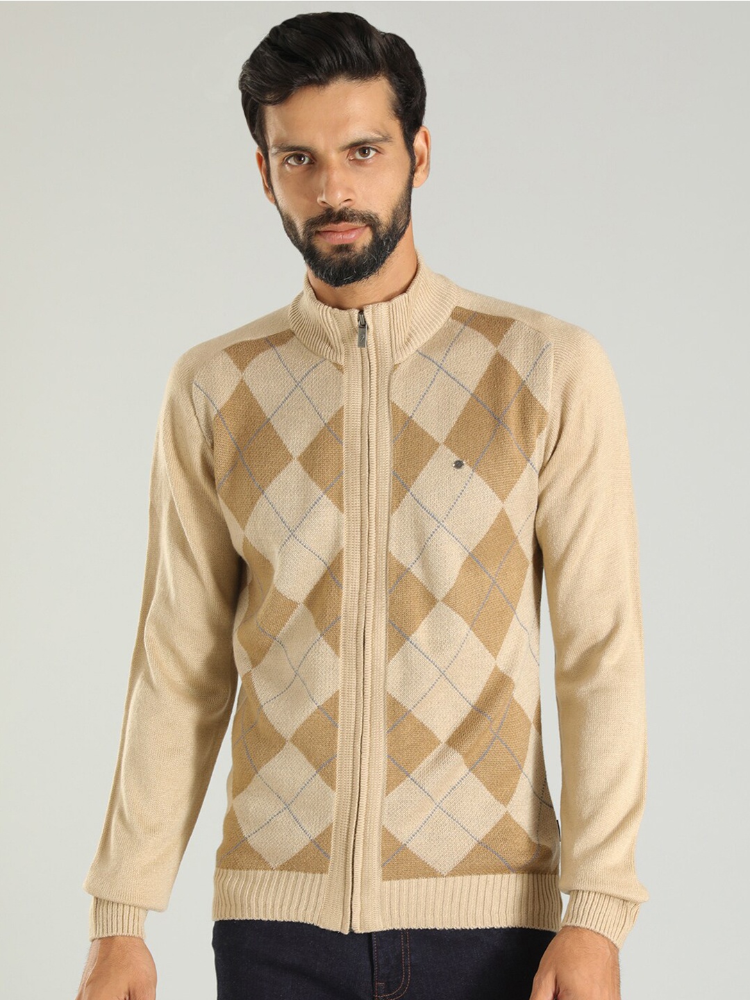 

Indian Terrain Checked Mock Collar Pure Acrylic Cardigan Sweater, Beige