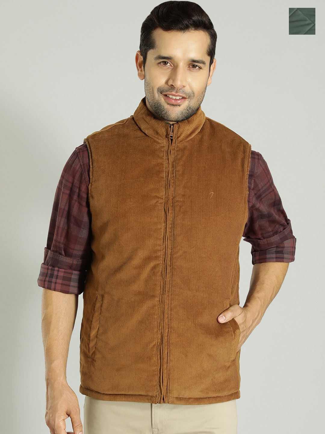 

Indian Terrain Striped Mock Collar Lightweight Reversible Tailored Jacket, Brown