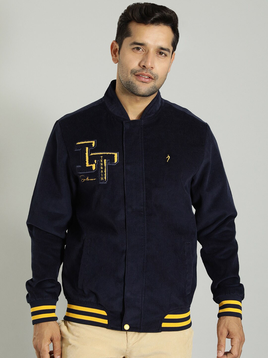 

Indian Terrain Brand Logo Embroidered Stand Collar Lightweight Bomber Jacket, Navy blue