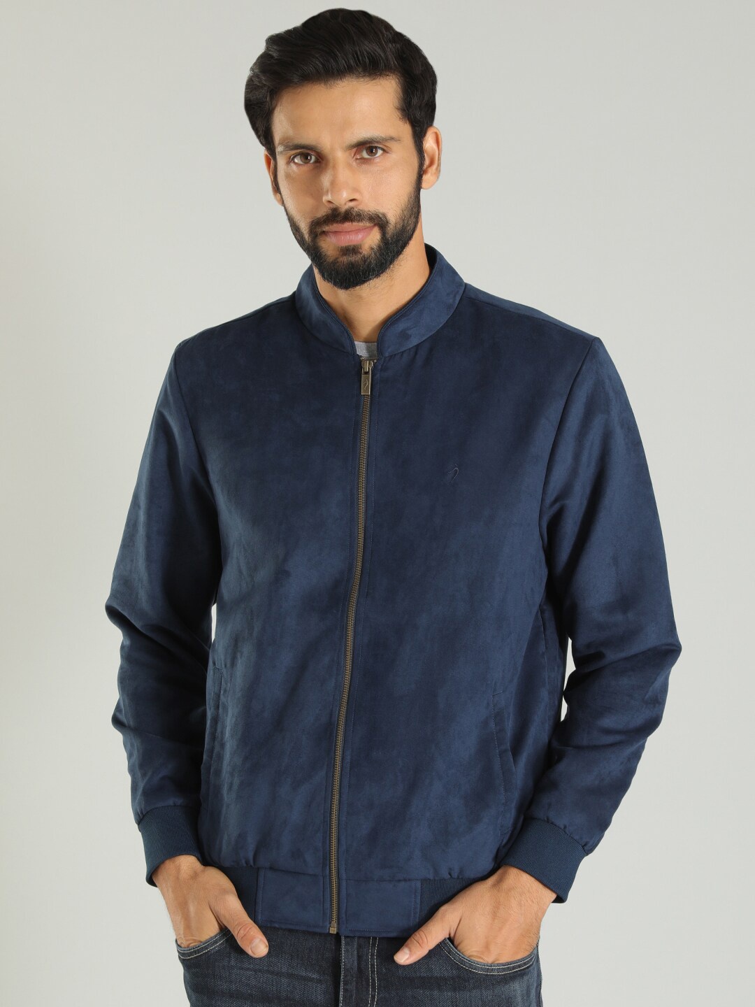

Indian Terrain Stand Collar Lightweight Bomber Jacket, Navy blue