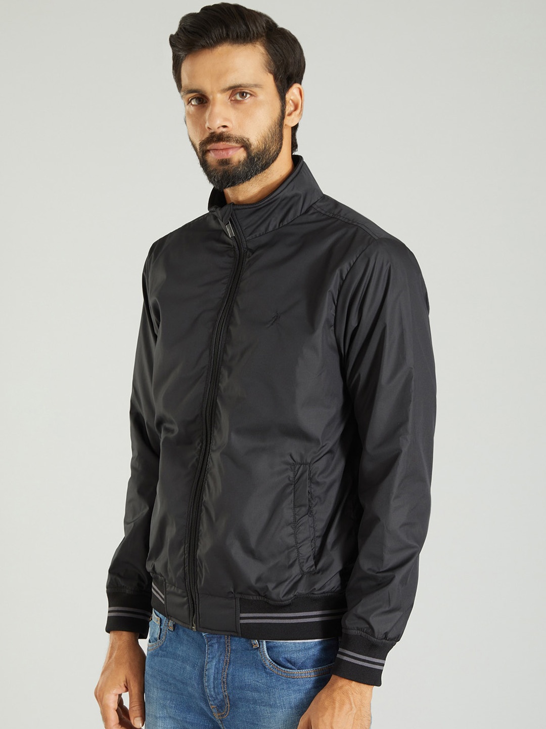 

Indian Terrain Mock Collar Long Sleeves Lightweight Bomber Jacket, Black