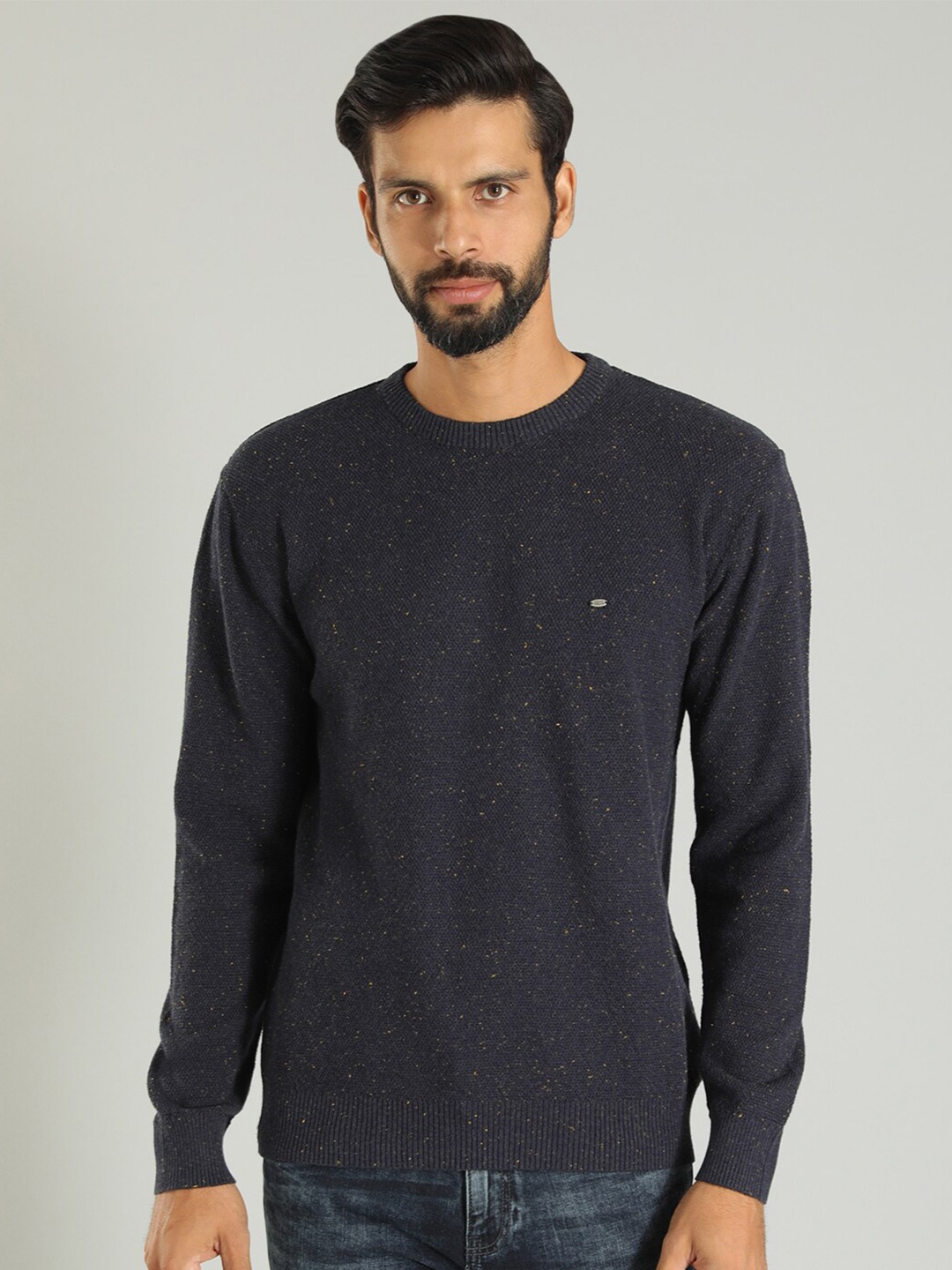 

Indian Terrain Abstract Printed Long Sleeves Pure Cotton Pullover Sweater, Navy blue