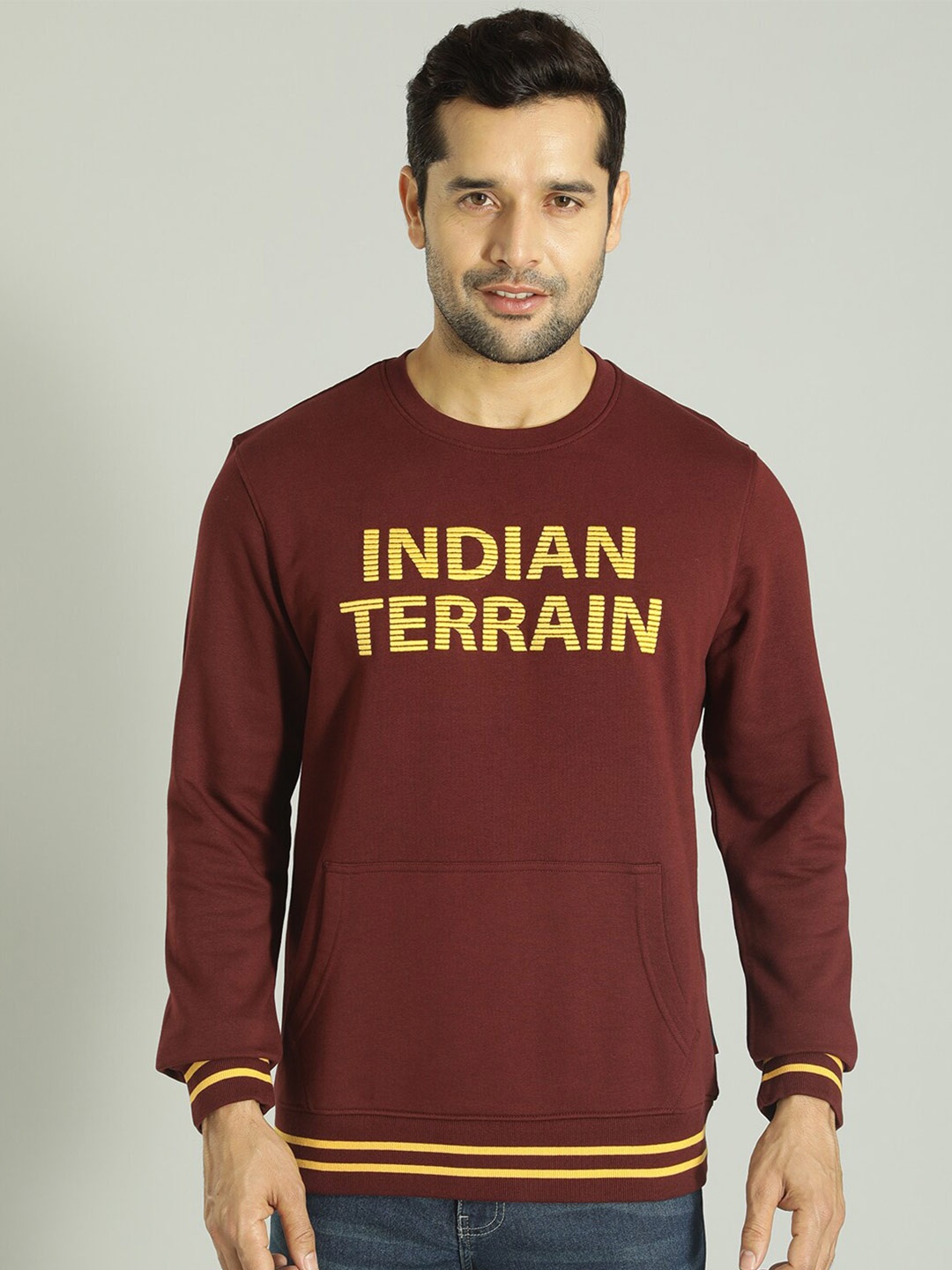 

Indian Terrain Typography Printed Round Neck Pullover Sweatshirt, Maroon