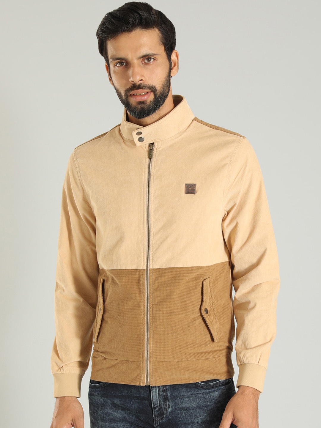 

Indian Terrain Colourblocked Mock Collar Pure Cotton Lightweight Bomber Jacket, Beige