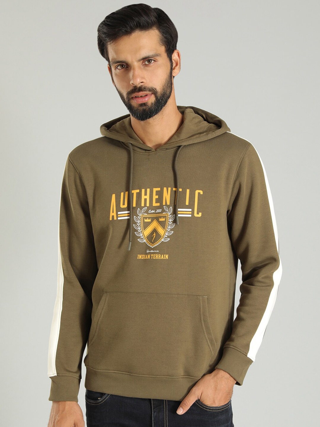 

Indian Terrain Typography Printed Hooded Pullover Sweatshirt, Green