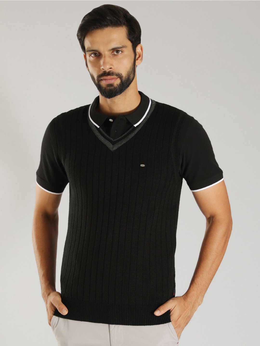 

Indian Terrain Self Design Striped V-Neck Pullover Sweater, Black