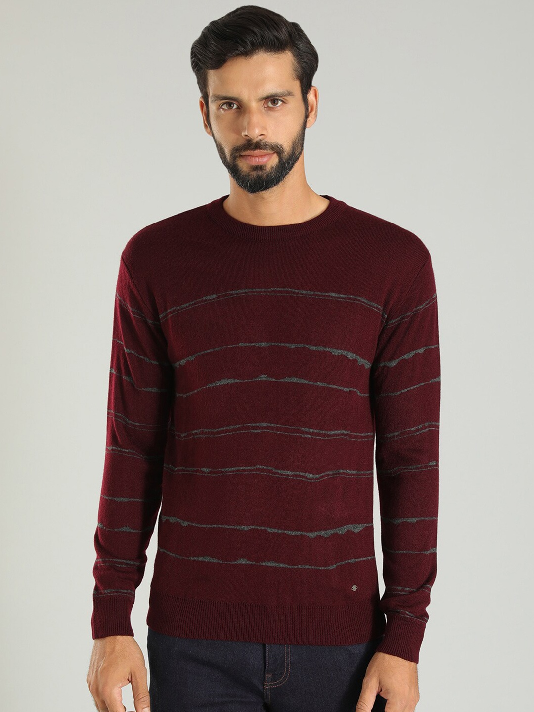 

Indian Terrain Striped Round Neck Pure Acrylic Sweater, Maroon